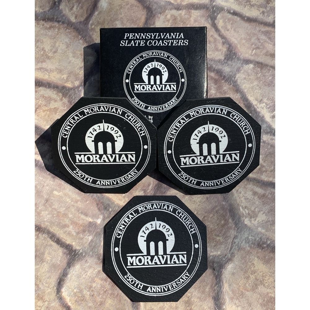 Vintage Pennsylvania SLATE STONE COASTERS, Set of 3, Moravian 250th Anniversary